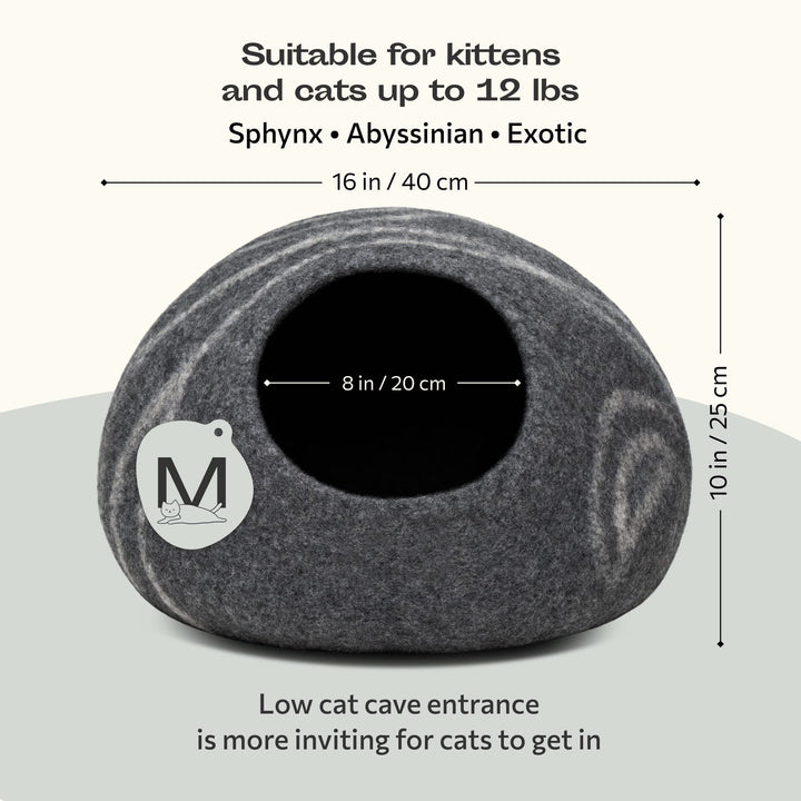 MEOWFIA Premium Felt Cat Bed Cave - Handmade 100% Merino Wool Bed for Cats and Kittens (Dark Shades) (Medium, Dark Grey)