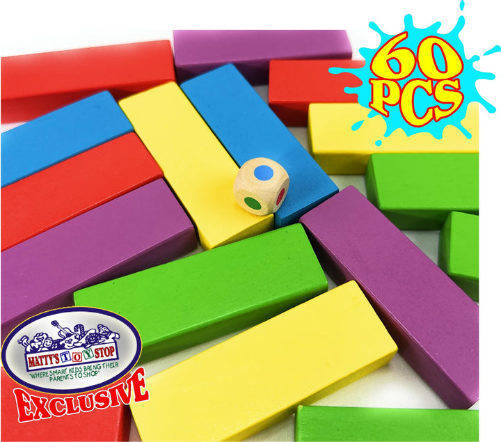 "Matty's Mix-Up" Colorful Wooden Deluxe Stacking Game Comes with 60 Color Wood Blocks, 1 Dice & Storage Bag!