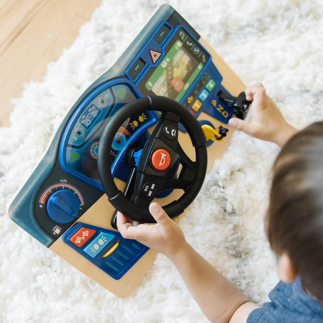 Melissa & Doug Vroom & Zoom Dashboard Toy, Wooden Dashboard, Toy with lights and sound effects, Realistic play steering wheel, Pretend Play, Ages 3,4,5, Gift for Boy or Girl