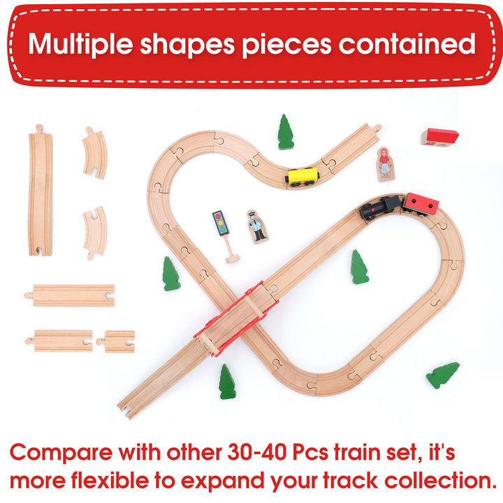 Wooden Train Set for Toddler - 39 Piece- with Wooden Tracks Fits Thomas/Brio/Chuggington/Melissa and Doug