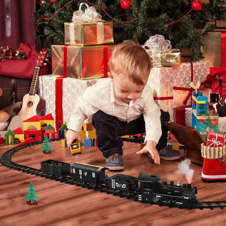 Train Set with Steam Locomotive Engine, Electric Train Toy for Boys Girls with Smokes