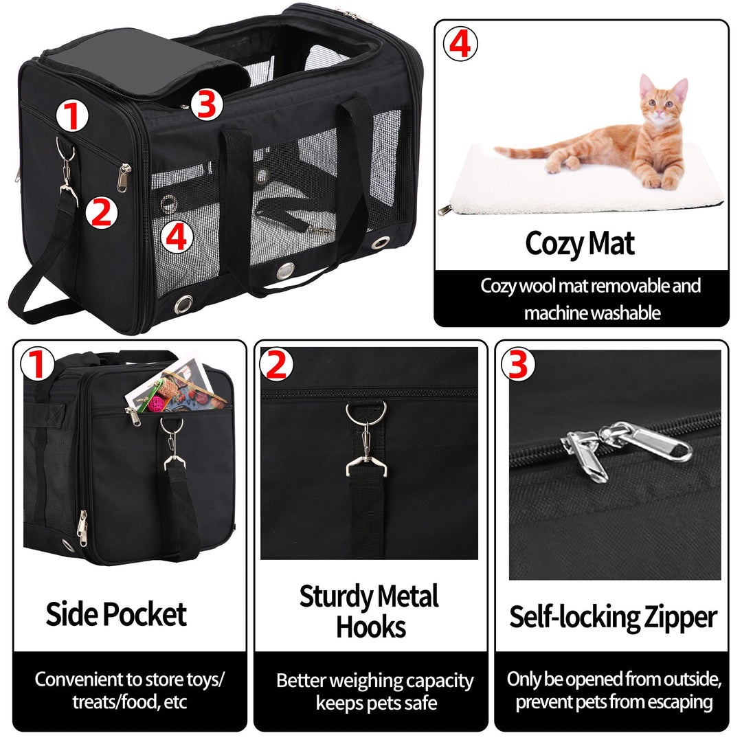 Soft Sided Foldable Cat/Dog/Pet Carrier Bag, Portable Puppy/Pets Travel Carriers For Cats/Dogs With Shoulder Strap & Removable Mat, Durable Cat Basket of 17 lbs Airline Approved - Black, M