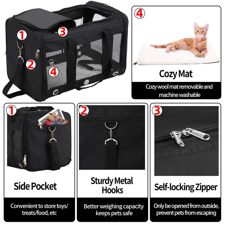 Soft Sided Foldable Cat/Dog/Pet Carrier Bag, Portable Puppy/Pets Travel Carriers For Cats/Dogs With Shoulder Strap & Removable Mat, Durable Cat Basket of 17 lbs Airline Approved - Black, M