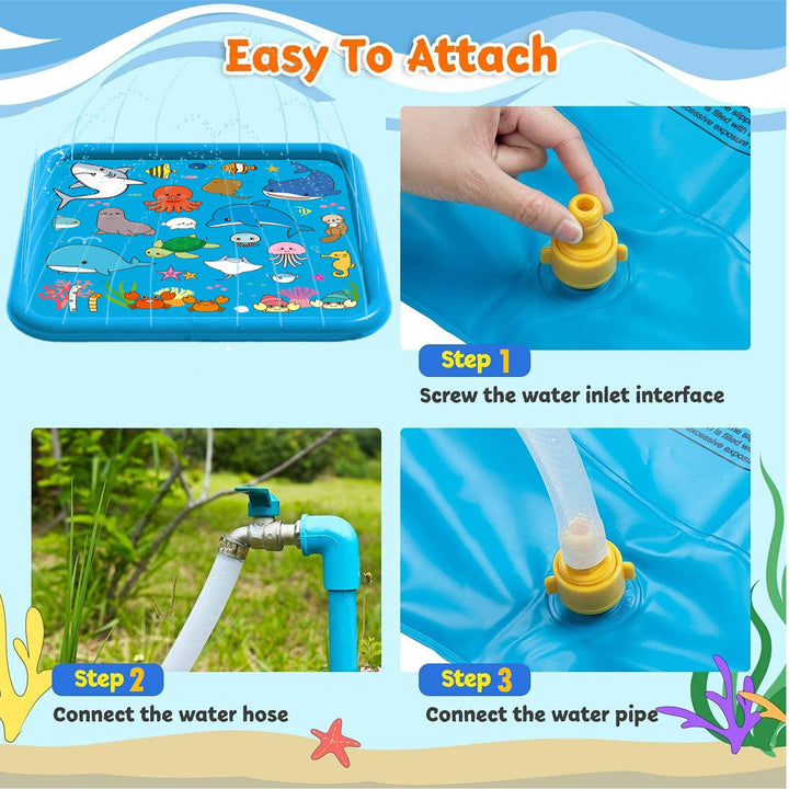 Chennyfun Kids Splash Pad, 68'' Sprinkler & Splash Play Mat for Animals Learning