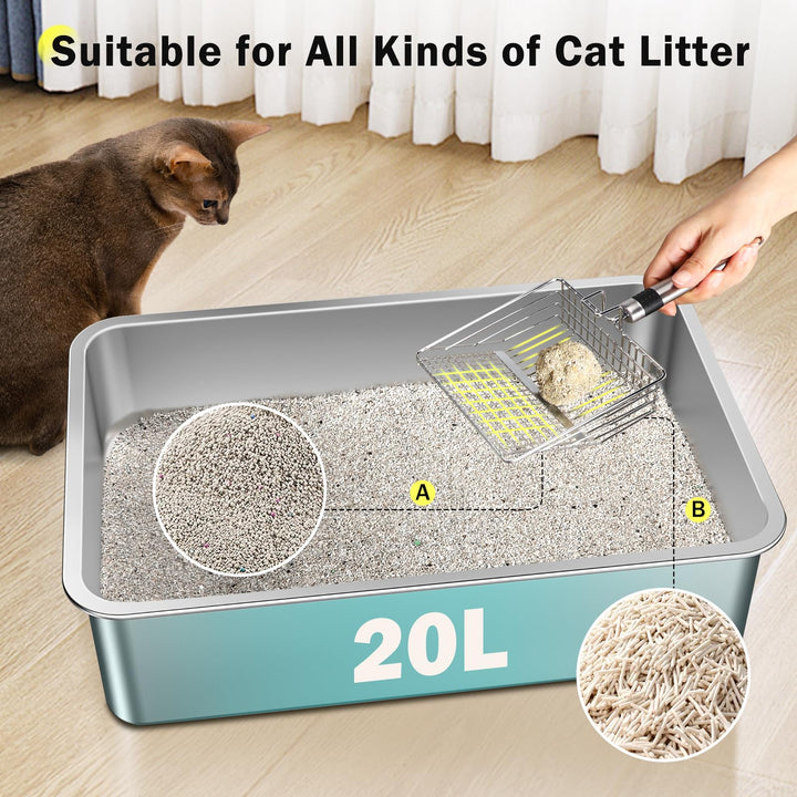 FURTIME Stainless Steel Cat Litter Tray Grey with Detachable Enclosure, 31cm High Sided Cat Litter Box Anti-Spillage and 60cm Extra Large Litter Tray with Lid for All Cats, with Litter Scoop & Mat