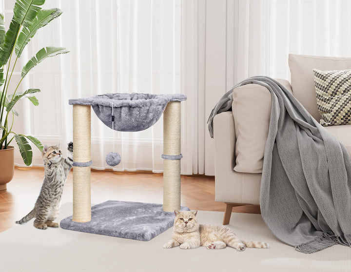 HOMIDEC Cat Scratching Post, 50cm Cat Tree with Cat Hammock Bed, Scratching Posts for Indoor Cats with Hanging Ball Toy, Small Cat Tree for Kitten Pets Playing and Relaxing, Grey