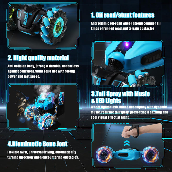 zootop Remote Control Car 2.4GHz RC Stunt Twist Car for Kids Transforming Gesture Racing Crawler Double Sided 360 Rotation RC Cars Toy with Lights Spray Music and 2 Rechargeable Batteries for kids