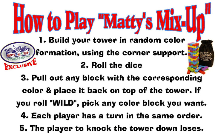 "Matty's Mix-Up" Colorful Wooden Deluxe Stacking Game Comes with 60 Color Wood Blocks, 1 Dice & Storage Bag!