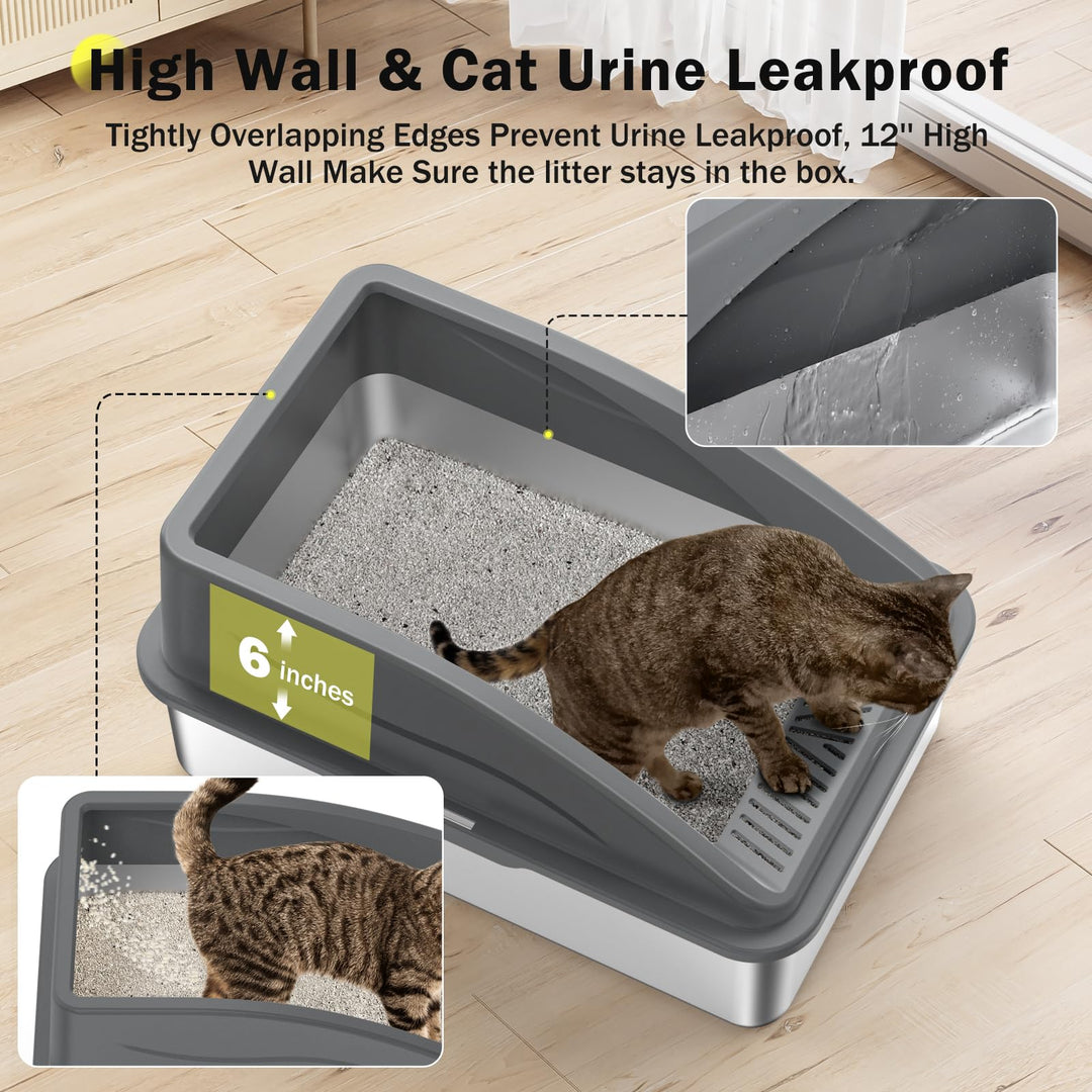 FURTIME Stainless Steel Cat Litter Tray Grey with Detachable Enclosure, 31cm High Sided Cat Litter Box Anti-Spillage and 60cm Extra Large Litter Tray with Lid for All Cats, with Litter Scoop & Mat