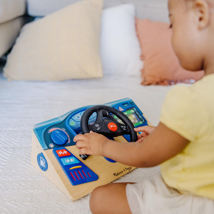 Melissa & Doug Vroom & Zoom Dashboard Toy, Wooden Dashboard, Toy with lights and sound effects, Realistic play steering wheel, Pretend Play, Ages 3,4,5, Gift for Boy or Girl