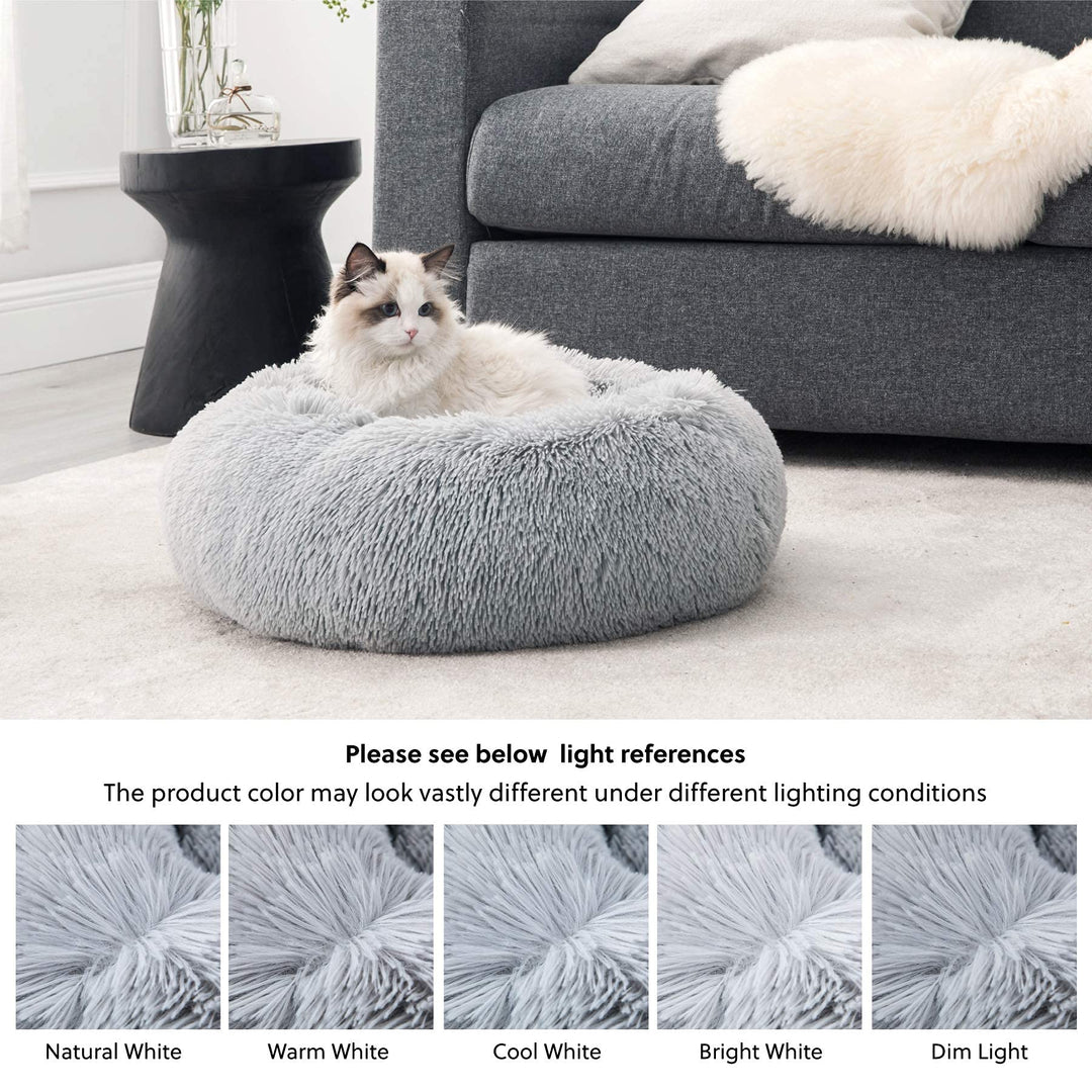 Bedsure Cat Bed Donut Bed - Cat Beds for Indoor Cats, Washable Fluffy Kitten Bed for Anti-Anxiety and Calming, Light Grey, 50x50x16cm