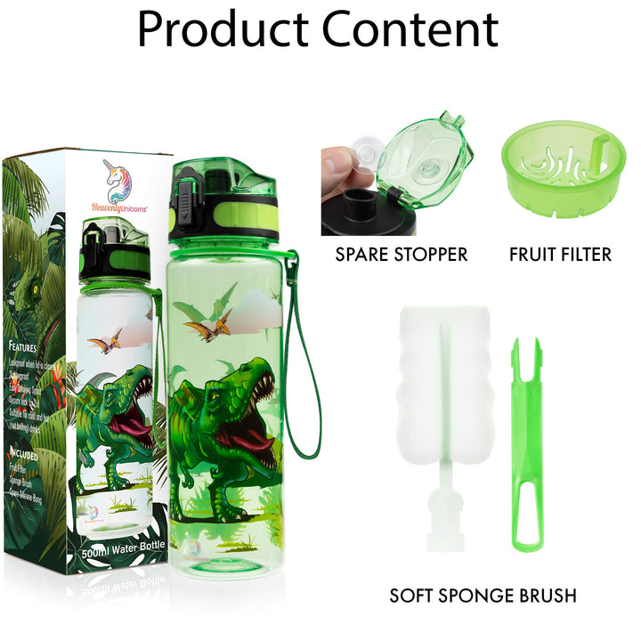 HeavenlyUnicorns Kids Dinosaur Water Bottle, 500ml BPA Free Tritan, LEAKPROOF, SHATTERPROOF Reusable Drinking Bottle, Recyclable Plastic - Ideal For School Nursery Sports Picnic