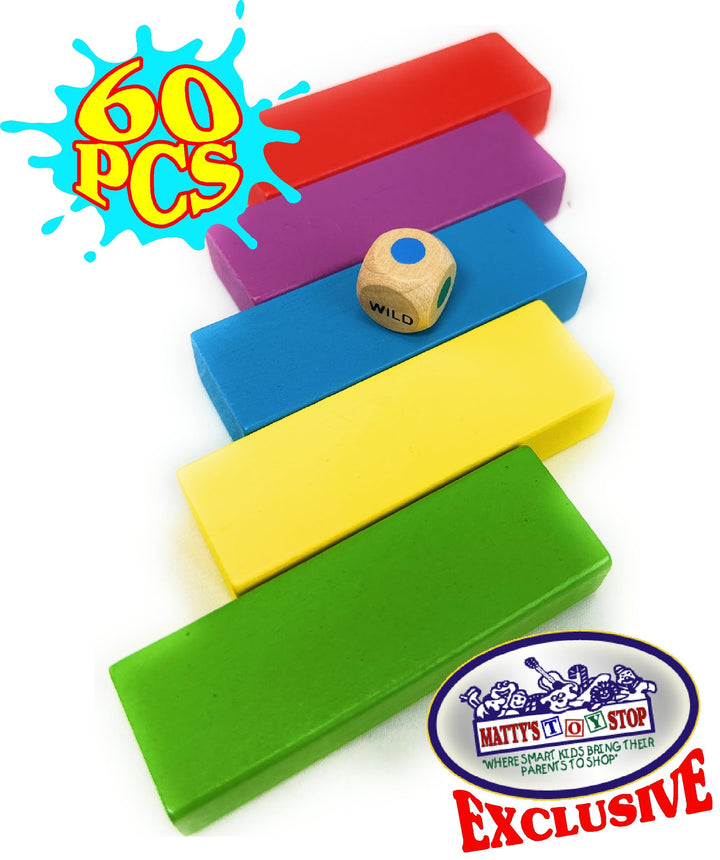 "Matty's Mix-Up" Colorful Wooden Deluxe Stacking Game Comes with 60 Color Wood Blocks, 1 Dice & Storage Bag!