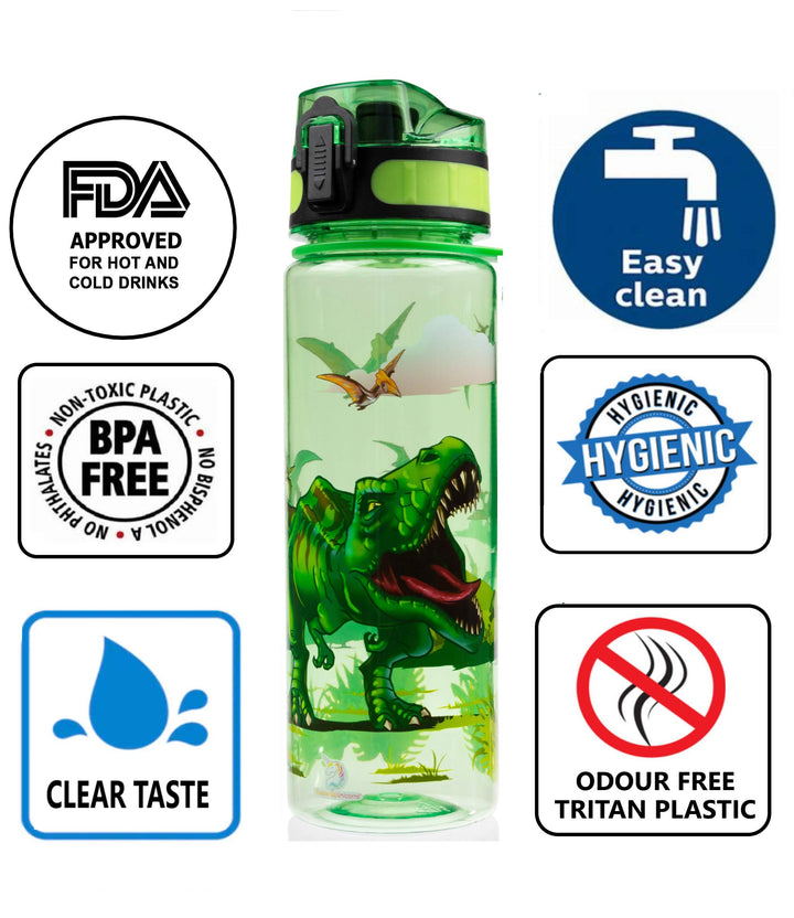 HeavenlyUnicorns Kids Dinosaur Water Bottle, 500ml BPA Free Tritan, LEAKPROOF, SHATTERPROOF Reusable Drinking Bottle, Recyclable Plastic - Ideal For School Nursery Sports Picnic