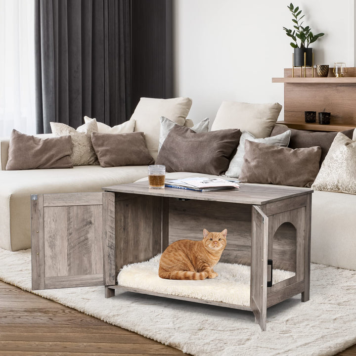 omhedy Cat Litter Box Enclosure,Litter Box Furniture Hidden with Barn Door,Wooden Cat Washroom Furniture,Cat House