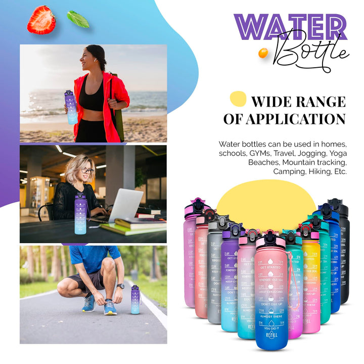 1000ml Motivational Sports Water Bottle with Straw
