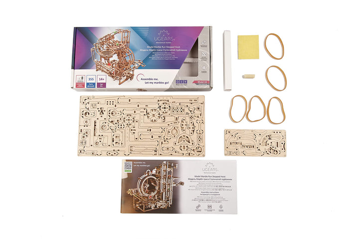 UGEARS Wooden Marble Run Kit 3D Puzzle Wood Marble Run Stepped Hoist with 3-Stepped Lift Mechanism and 10 Marbles