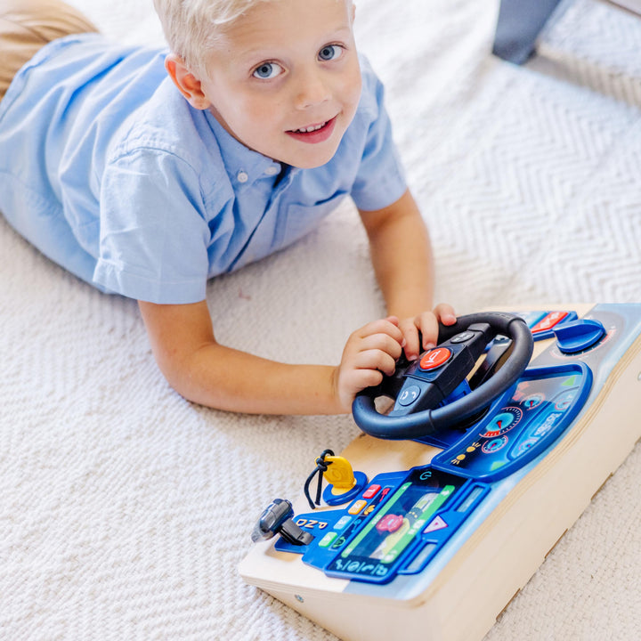 Melissa & Doug Vroom & Zoom Dashboard Toy, Wooden Dashboard, Toy with lights and sound effects, Realistic play steering wheel, Pretend Play, Ages 3,4,5, Gift for Boy or Girl