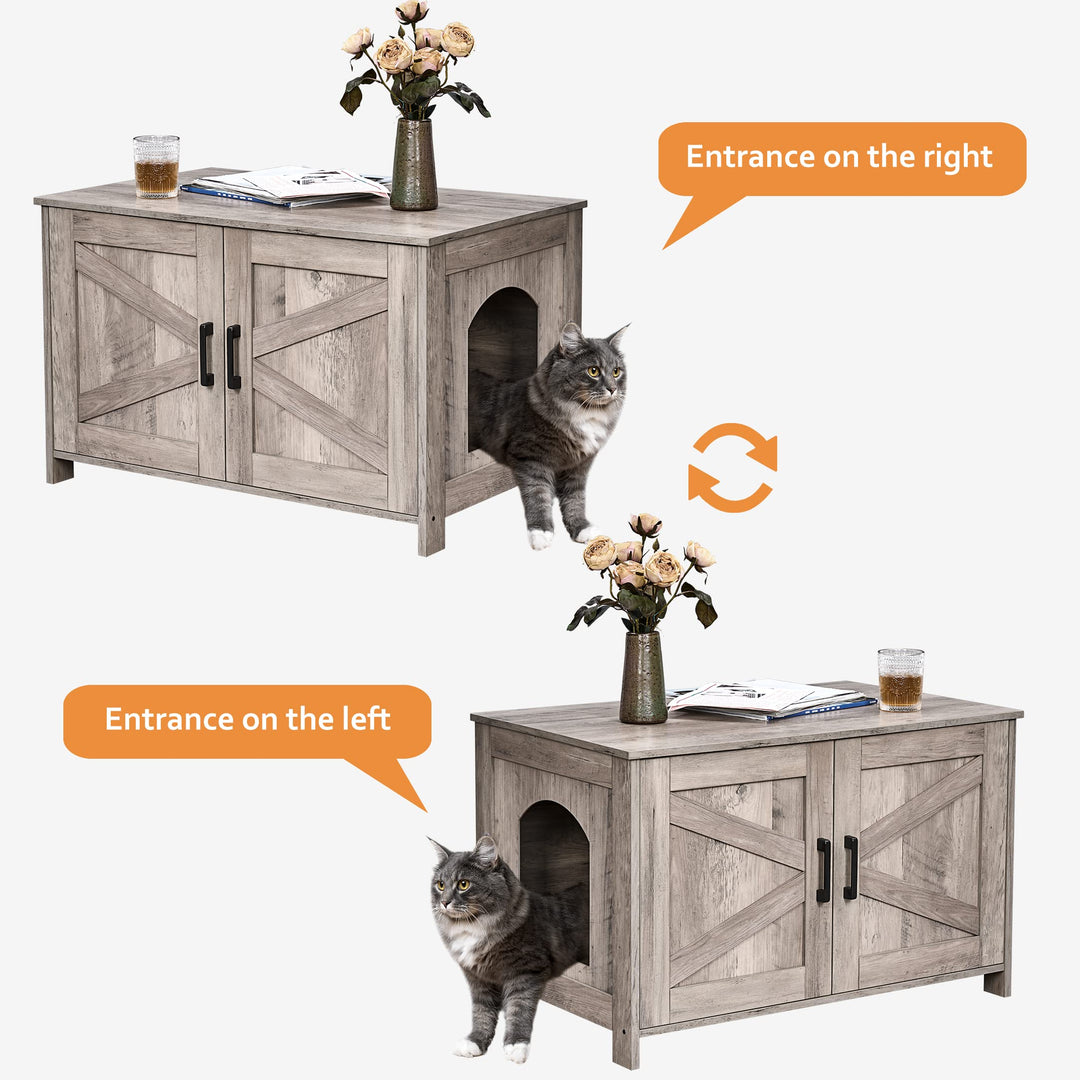 omhedy Cat Litter Box Enclosure,Litter Box Furniture Hidden with Barn Door,Wooden Cat Washroom Furniture,Cat House