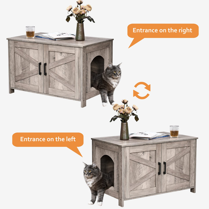 omhedy Cat Litter Box Enclosure,Litter Box Furniture Hidden with Barn Door,Wooden Cat Washroom Furniture,Cat House