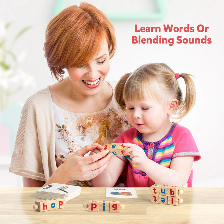 Coogam Wooden Reading Blocks Short Vowel Rods Spelling Games, Flash Cards Turning Rotating Letter Puzzle for kids, Sight Words Montessori Spinning Alphabet Learning Toy for Preschool Boys Girls