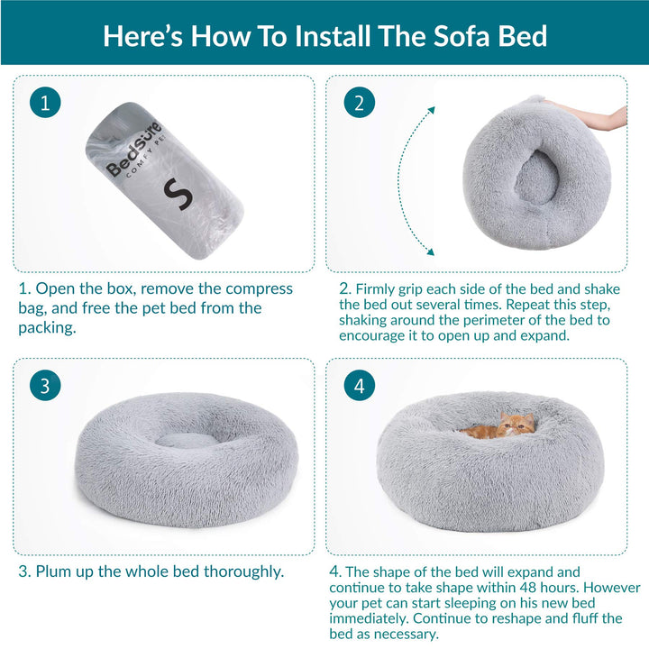 Bedsure Cat Bed Donut Bed - Cat Beds for Indoor Cats, Washable Fluffy Kitten Bed for Anti-Anxiety and Calming, Light Grey, 50x50x16cm
