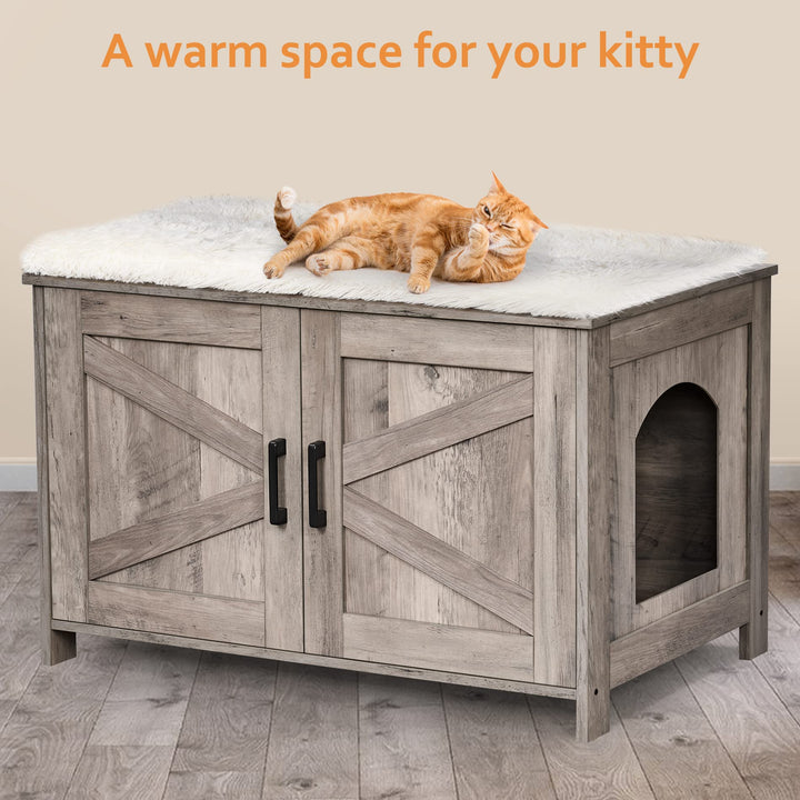 omhedy Cat Litter Box Enclosure,Litter Box Furniture Hidden with Barn Door,Wooden Cat Washroom Furniture,Cat House