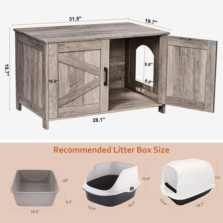 omhedy Cat Litter Box Enclosure,Litter Box Furniture Hidden with Barn Door,Wooden Cat Washroom Furniture,Cat House
