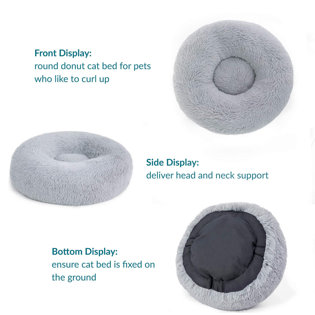 Bedsure Cat Bed Donut Bed - Cat Beds for Indoor Cats, Washable Fluffy Kitten Bed for Anti-Anxiety and Calming, Light Grey, 50x50x16cm