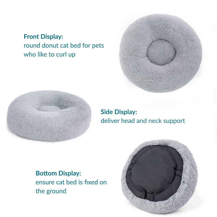 Bedsure Cat Bed Donut Bed - Cat Beds for Indoor Cats, Washable Fluffy Kitten Bed for Anti-Anxiety and Calming, Light Grey, 50x50x16cm
