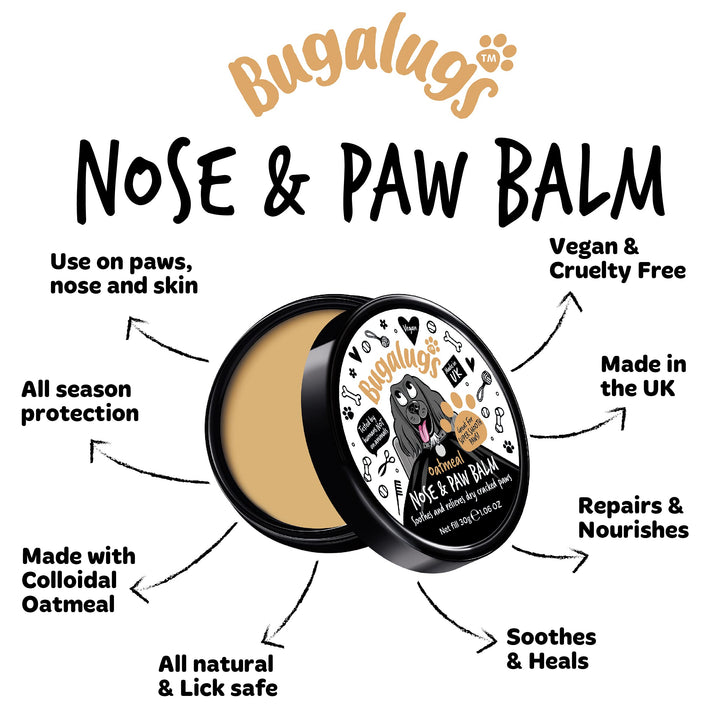 BUGALUGS Dog nose balm 30g, Natural lick safe Paw balm for dogs contains Colloidal Oatmeal, Dog paw cream Vegan formula nose balm for dogs reduces skin irritation and redness.