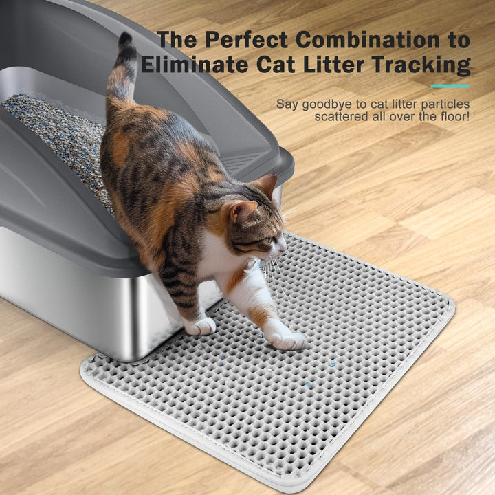 FURTIME Stainless Steel Cat Litter Tray Grey with Detachable Enclosure, 31cm High Sided Cat Litter Box Anti-Spillage and 60cm Extra Large Litter Tray with Lid for All Cats, with Litter Scoop & Mat
