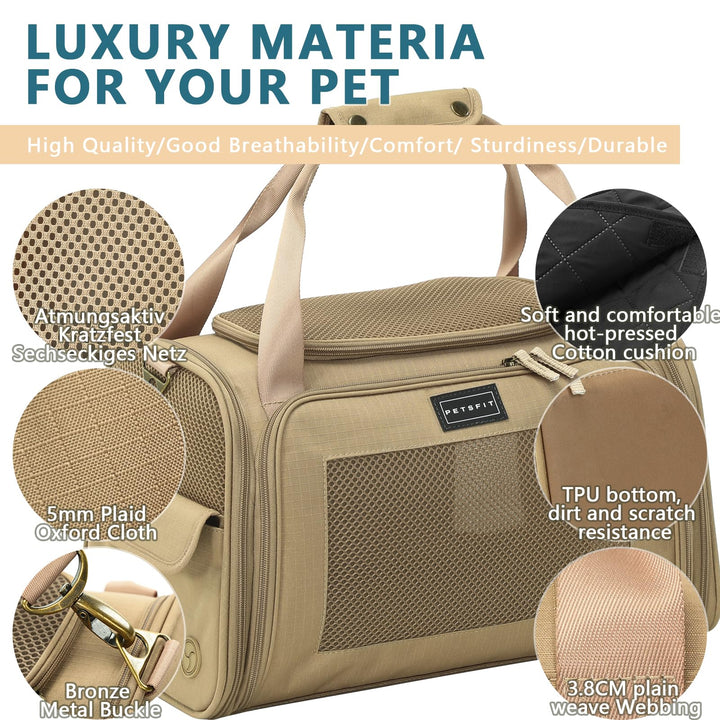 Petsfit Airline Approve Cat Carrier, Lightweight Travel Use Dog Carrier for Small Dogs, Quadrangle Oxford Fabric and Ventilation Mesh，Soft Sided Pet Travel Carrier with Expandable mat，Khaki
