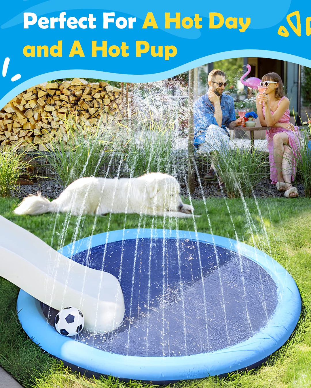 Peteast Dog Splash Pad Anti-Slip Dog Pools for Large Dogs 0.58mm Thick Dog Sprinkler Water Toy (Blue, 67 in)
