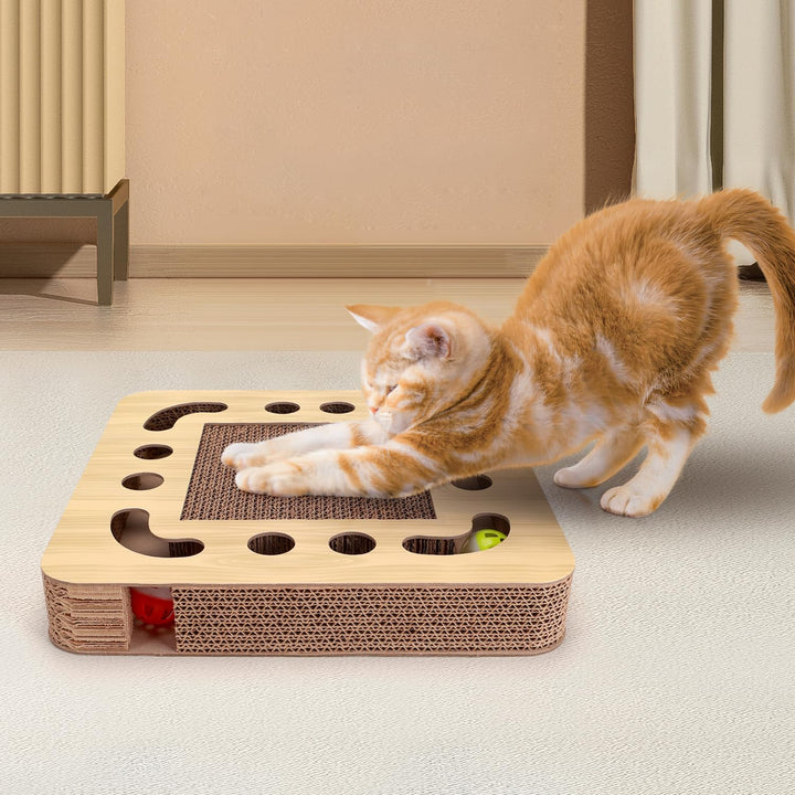 Nobleza Cat Scratcher, High Density Corrugated Cat Scratching Board, Catnip Scratcher Cardboard with 2 Bell Balls, Durable 3 in 1 Scratchers Pad Bed Toy for Indoor Cats, Size 33 * 33 * 5 cm