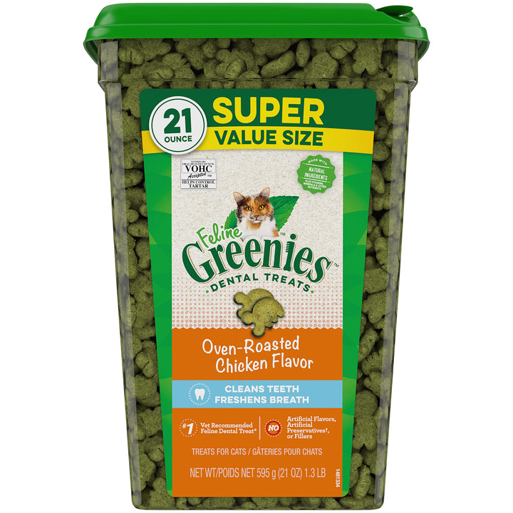 Greenies FELINE Natural Dental Care Cat Treats Oven Roasted Chicken Flavor, 21 oz. Tub