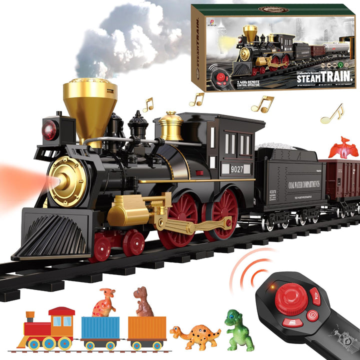 Remote Control Train Set for Kids Electric Steam Locomotive, Oil Tank Train, Cargo Cars & Tracks