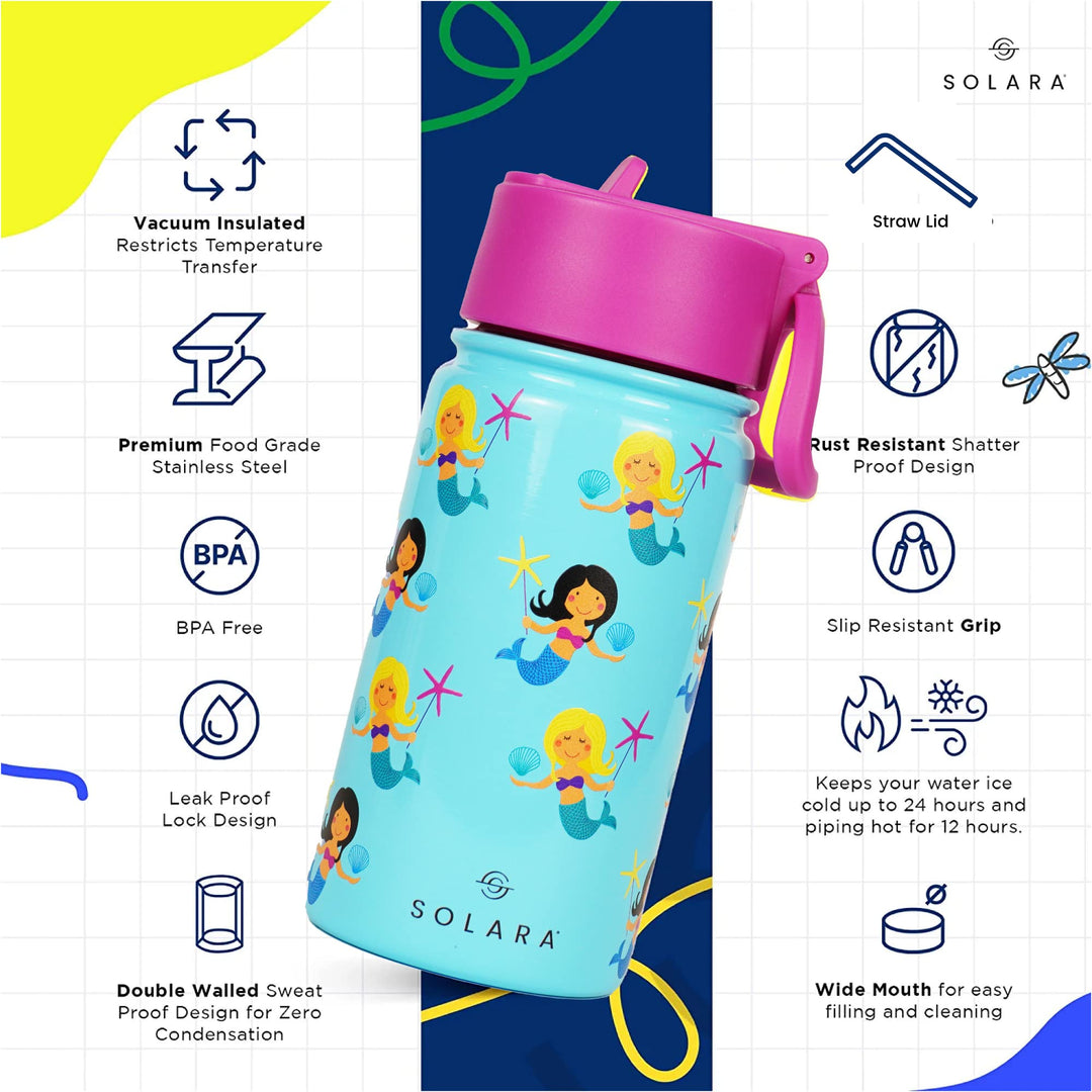 SOLARA Water Bottle for Kids | Kids Water Bottle for Girls | Sipper Bottle for Kids | Thermosteel Kids Bottle | Stainless Steel Water Bottle for Kids | Straw Bottle for Kids | Mermaid