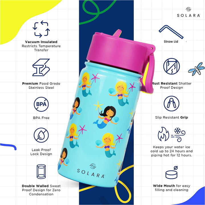 SOLARA Water Bottle for Kids | Kids Water Bottle for Girls | Sipper Bottle for Kids | Thermosteel Kids Bottle | Stainless Steel Water Bottle for Kids | Straw Bottle for Kids | Mermaid