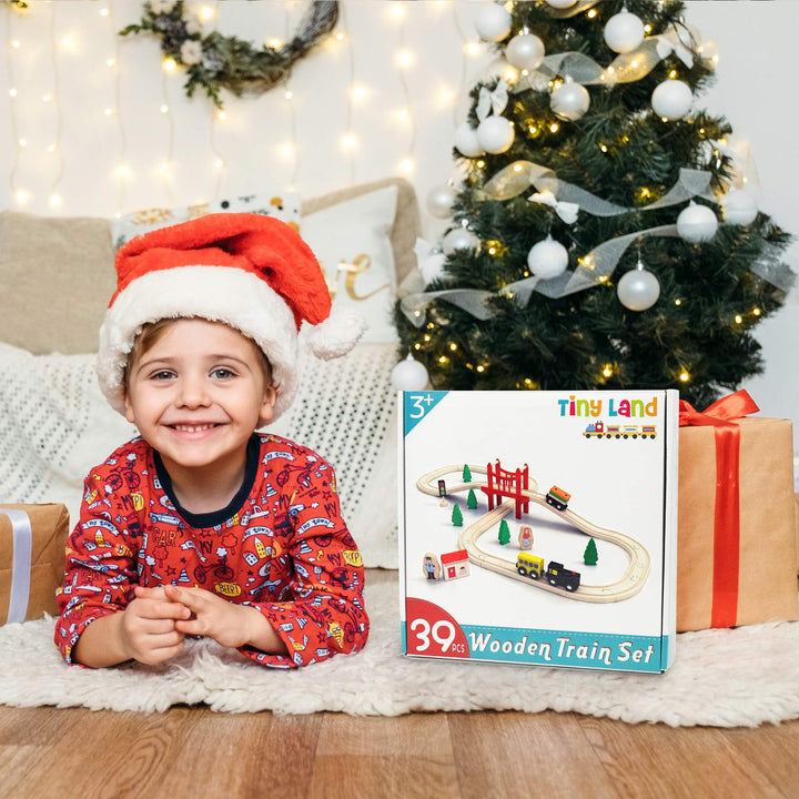 Wooden Train Set for Toddler - 39 Piece- with Wooden Tracks Fits Thomas/Brio/Chuggington/Melissa and Doug
