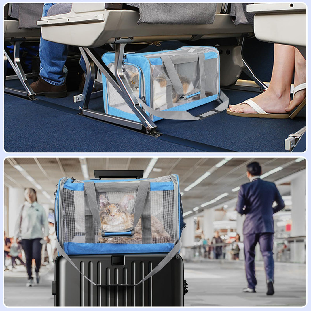 TIYOLAT Cat Carrier, Pet Carrier Airline Approved, Kitten Carrier for Small Dogs Cats Under 16 Lbs, Collapsible Soft Sided Puppy Carrier with Adequate Ventilation,4 Mesh Windows,3 Entrances (Blue)