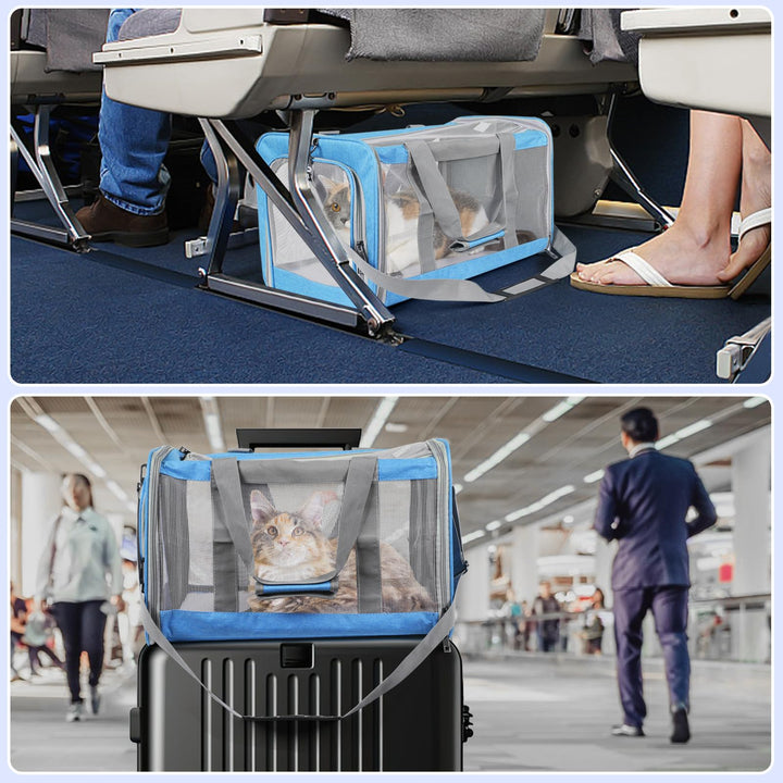 TIYOLAT Cat Carrier, Pet Carrier Airline Approved, Kitten Carrier for Small Dogs Cats Under 16 Lbs, Collapsible Soft Sided Puppy Carrier with Adequate Ventilation,4 Mesh Windows,3 Entrances (Blue)
