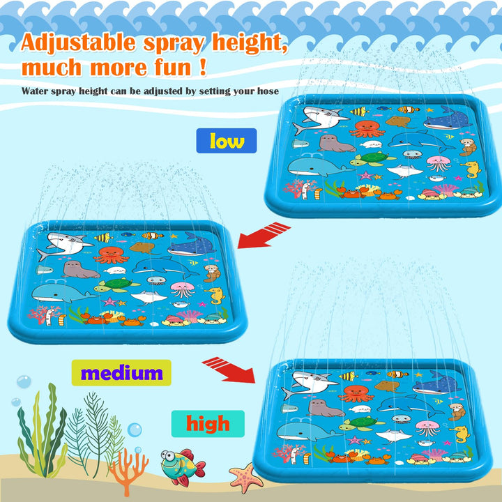 Chennyfun Kids Splash Pad, 68'' Sprinkler & Splash Play Mat for Animals Learning