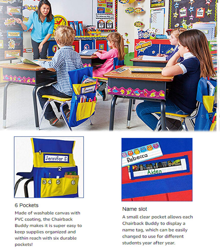 Chairback Buddy Pocket Organizer - 6 Pockets (Yellow/Blue)