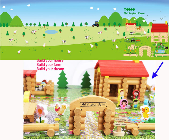 TOWO Wooden Logs Toys Farm Playset- Wooden Logs Building Set Farm House Wooden Construction Toys 207 Pieces Animal Farm