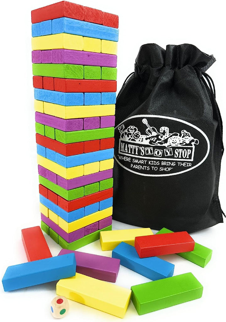 "Matty's Mix-Up" Colorful Wooden Deluxe Stacking Game Comes with 60 Color Wood Blocks, 1 Dice & Storage Bag!