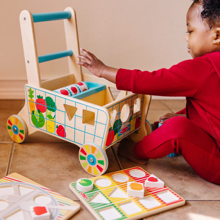 Wooden Shape Sorting Grocery Cart Push Toy