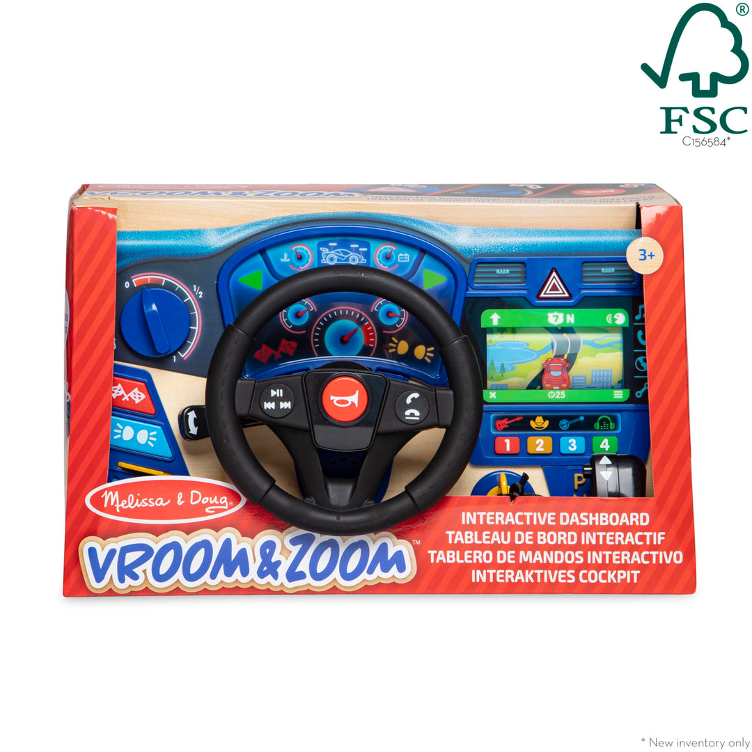 Melissa & Doug Vroom & Zoom Dashboard Toy, Wooden Dashboard, Toy with lights and sound effects, Realistic play steering wheel, Pretend Play, Ages 3,4,5, Gift for Boy or Girl
