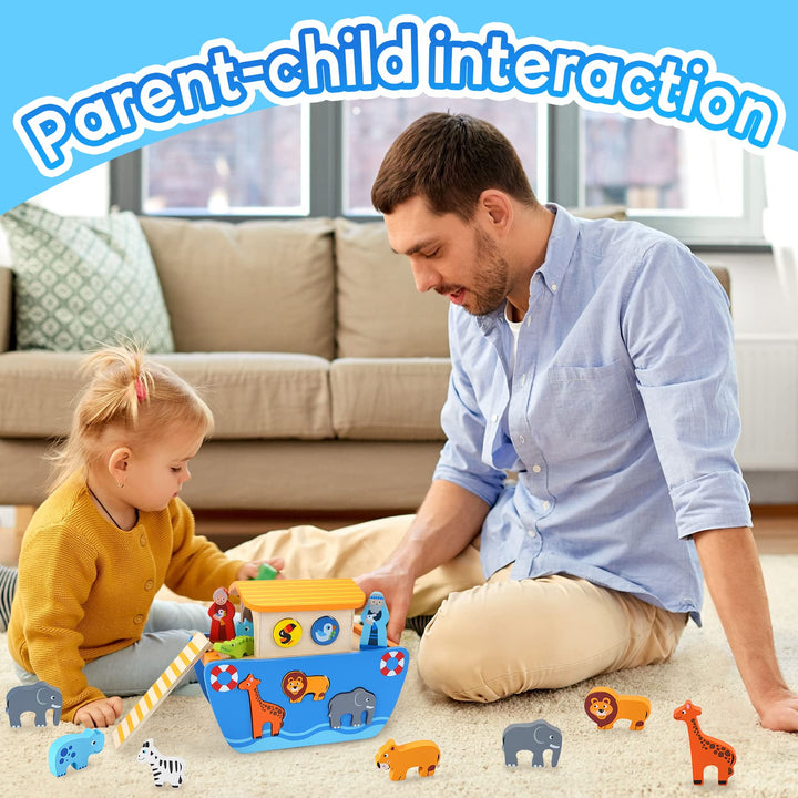 KMTJT Toddlers Wooden Noah's Ark Toy Animal Playset, Baptism Gifts for 2 3 Boys Girls, Shape Sorter Early Learning Montessori Toys with Bible Story Book for 24 Months Babies