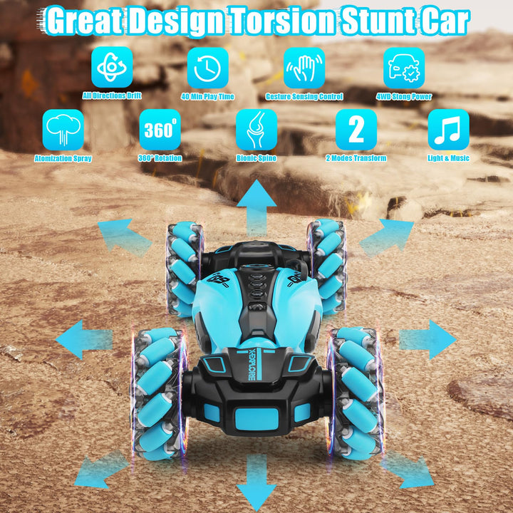 zootop Remote Control Car 2.4GHz RC Stunt Twist Car for Kids Transforming Gesture Racing Crawler Double Sided 360 Rotation RC Cars Toy with Lights Spray Music and 2 Rechargeable Batteries for kids